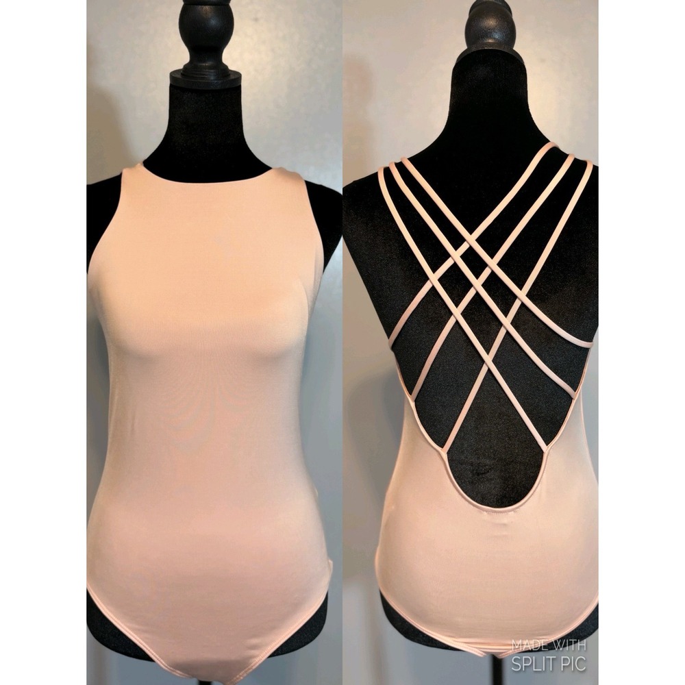 Pink Strappy Open Back Body Contour Bodysuit Minimalist Going Out Top- Med